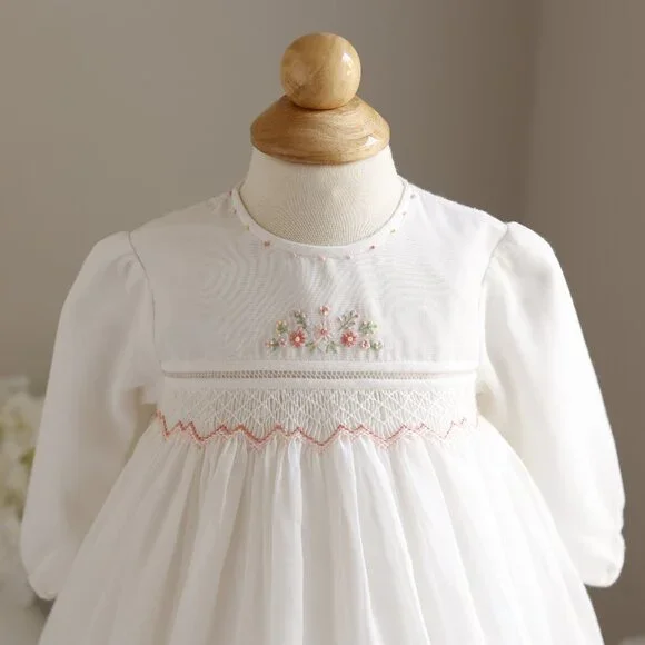 Long Sleeve Off-White/Ivory Smocked Dress Sarah Louise Special Occasion GORGEOUS